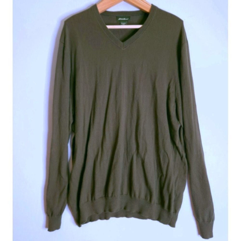 Eddie Bauer Cotton Cashmere V-Neck Sweater Men's Size XL Tall Army Olive Green